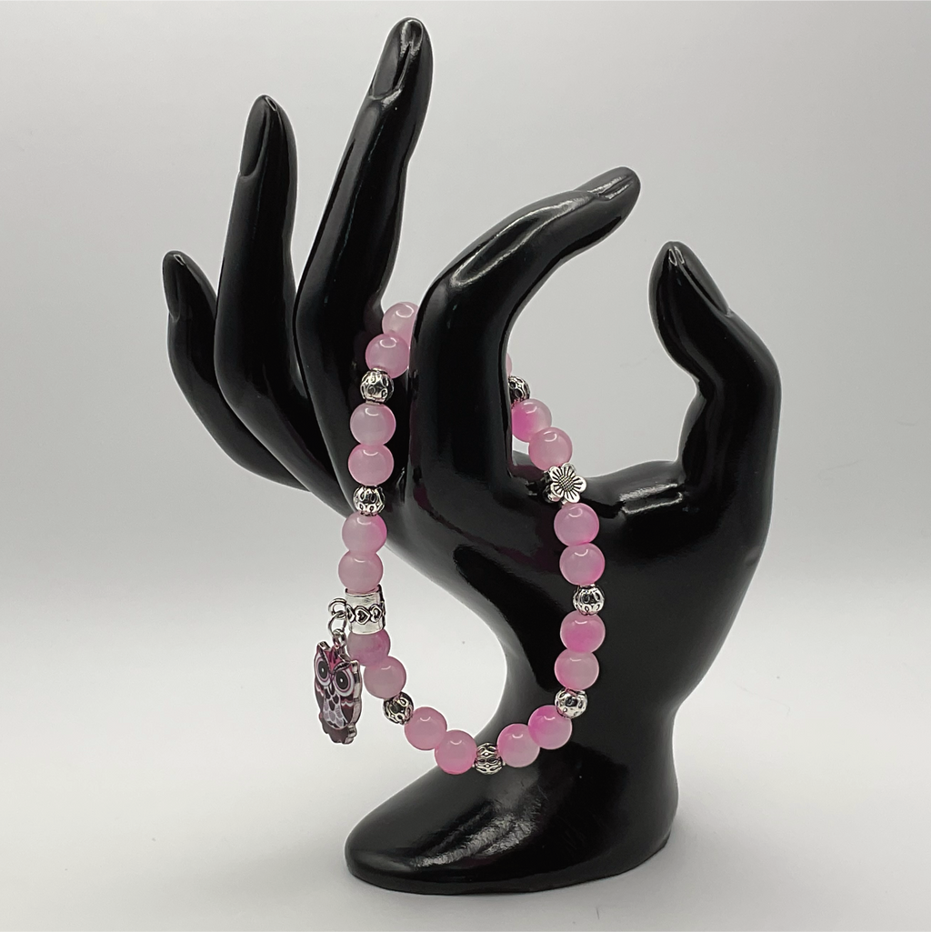 Pink Dragon Agate Owl Charm Bracelet with Silver Tone Spacers
