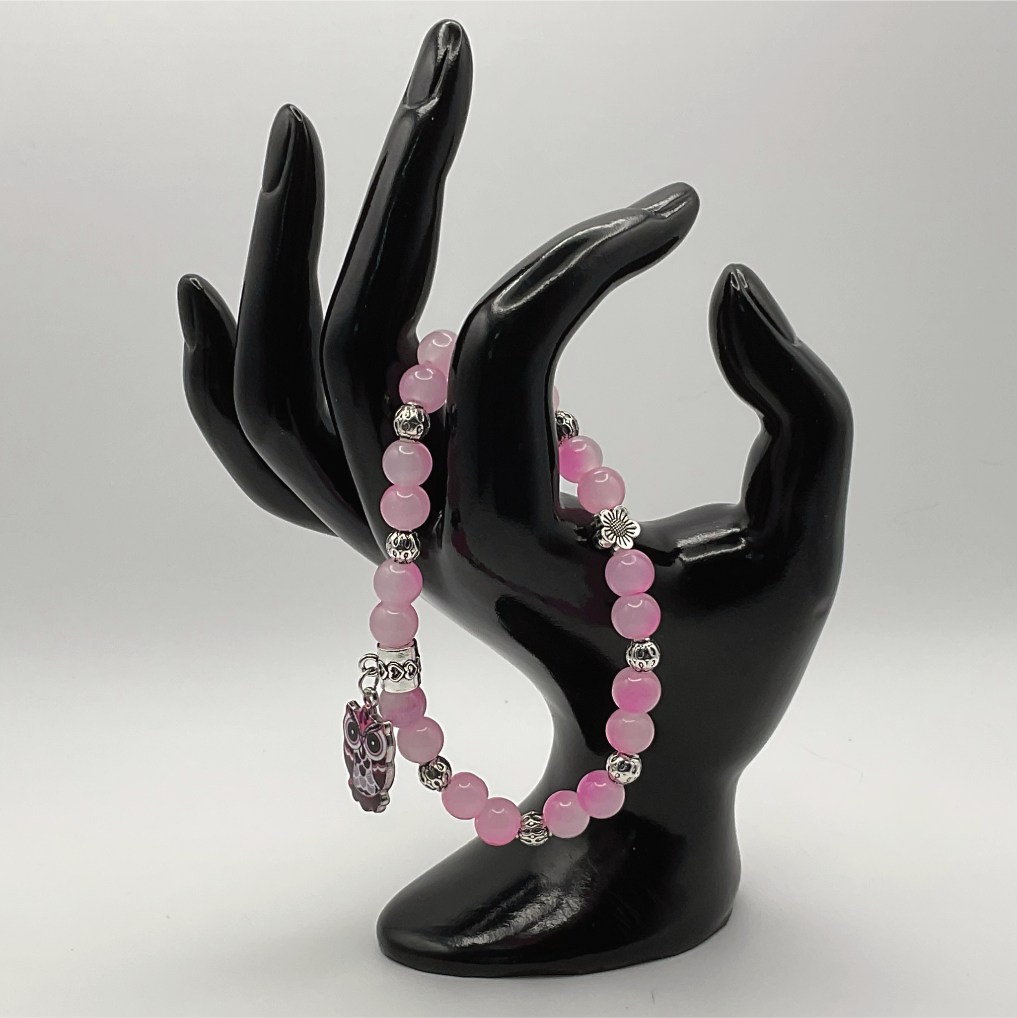 Pink Dragon Agate Owl Charm Bracelet with Silver Tone Spacers