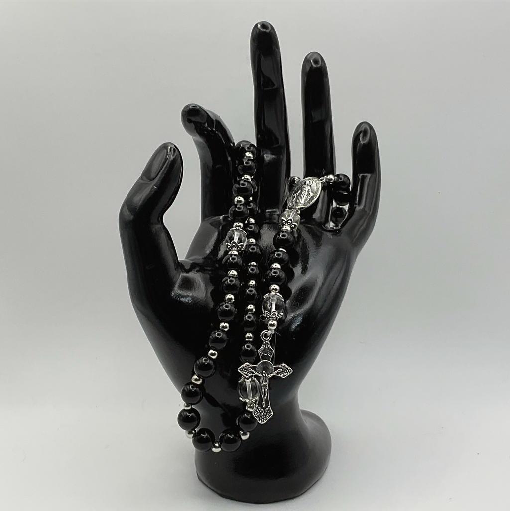 Black Clear Full 5 Decade Silver Rosary