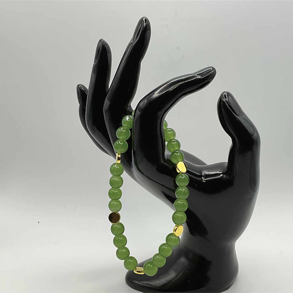 Green Glass Bracelet with Gold Disc Spacers