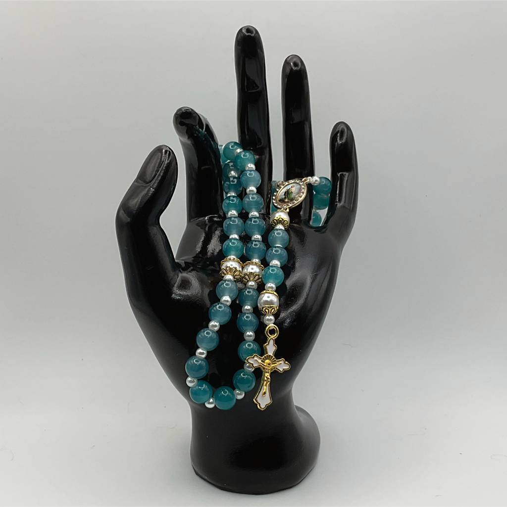 Teal Pearl Full 5 Decade Gold Rosary