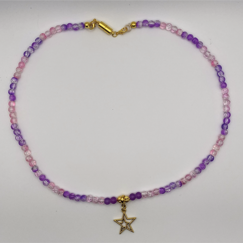 22" Pink Purple Clear Crackle Gold Star Charm Glass Necklace