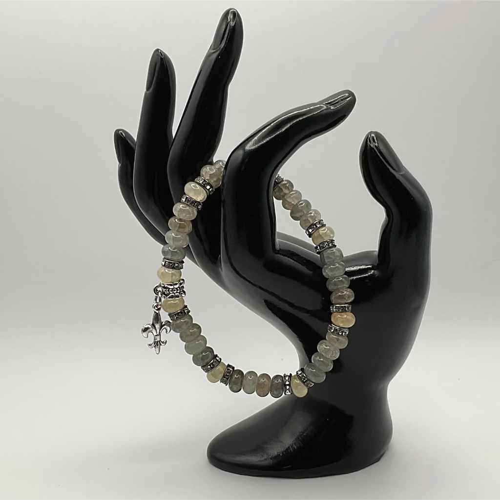 Aquamarine Beryl Grey Fleur'd'lis Charm Bracelet with Silver Tone Black Spacers
