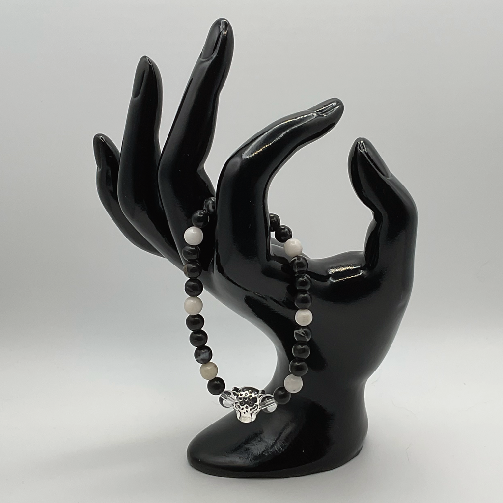 Clear and Milky Quartz Black Agate Jaguar Charm Bracelet