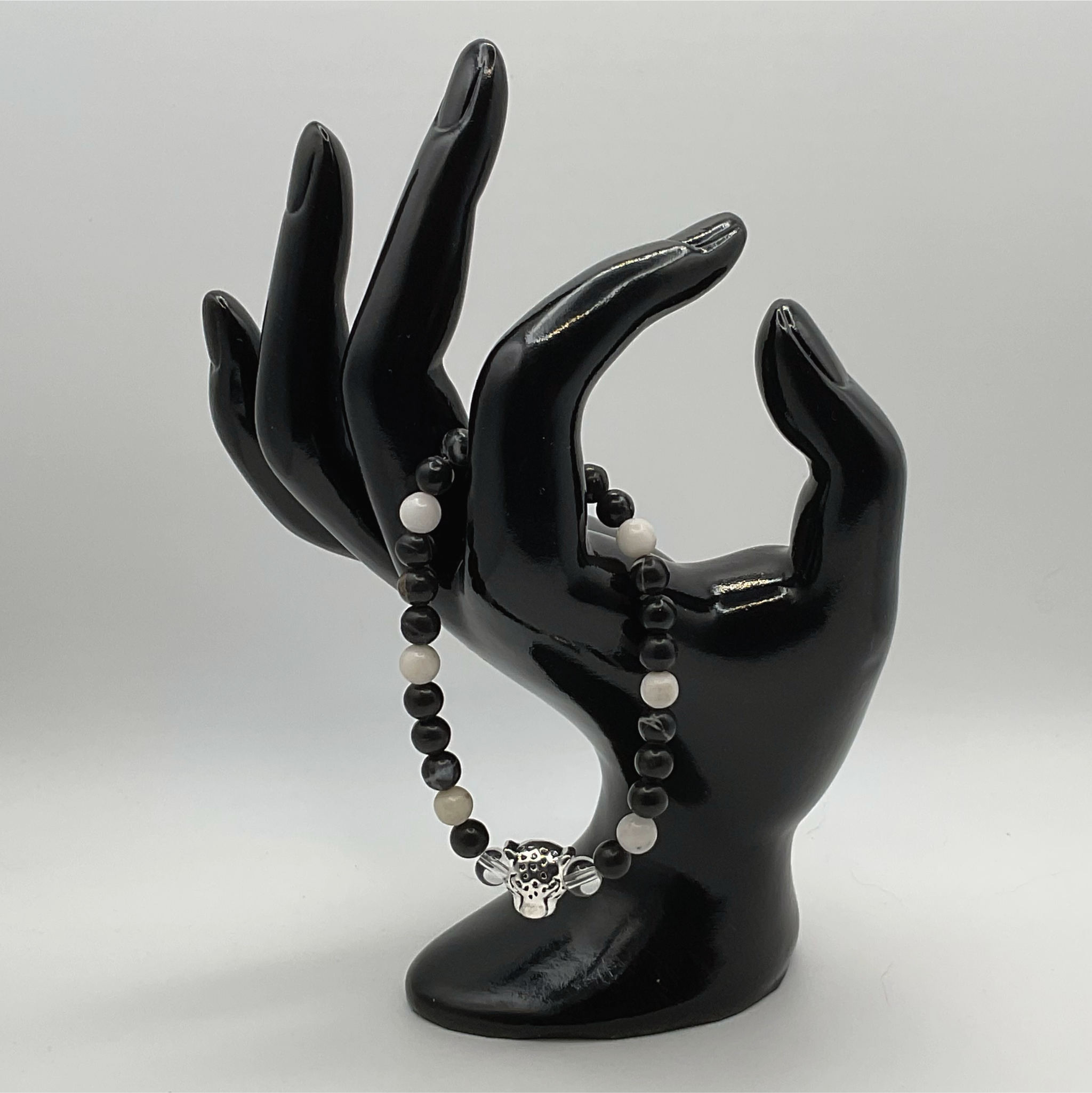 Clear and Milky Quartz Black Agate Jaguar Charm Bracelet