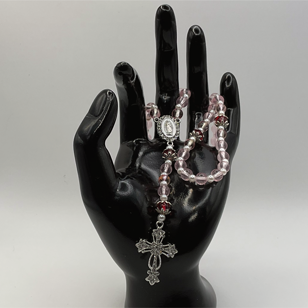 Clear Pink Red Small Full 5 Decade Silver Rosary