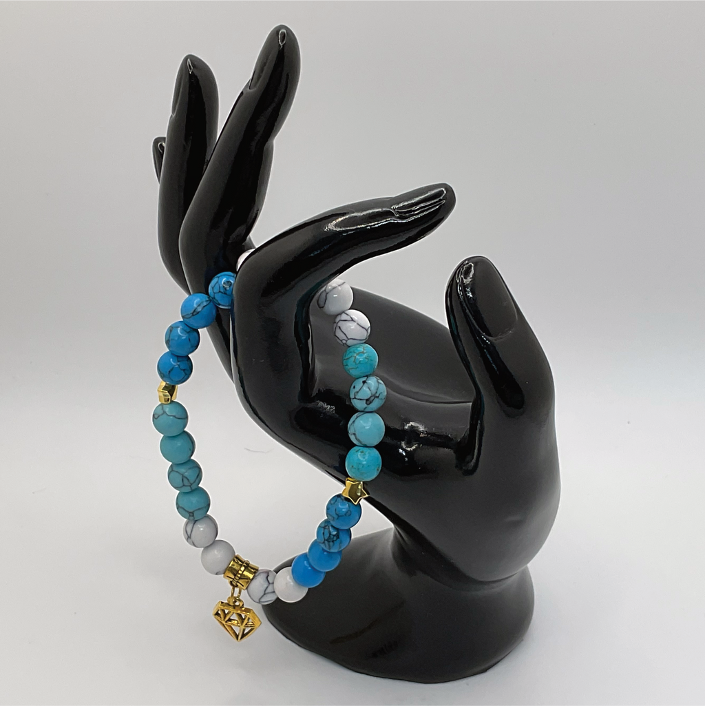White Blue Howlite Diamond Charm Bracelet with Gold Star Spacers