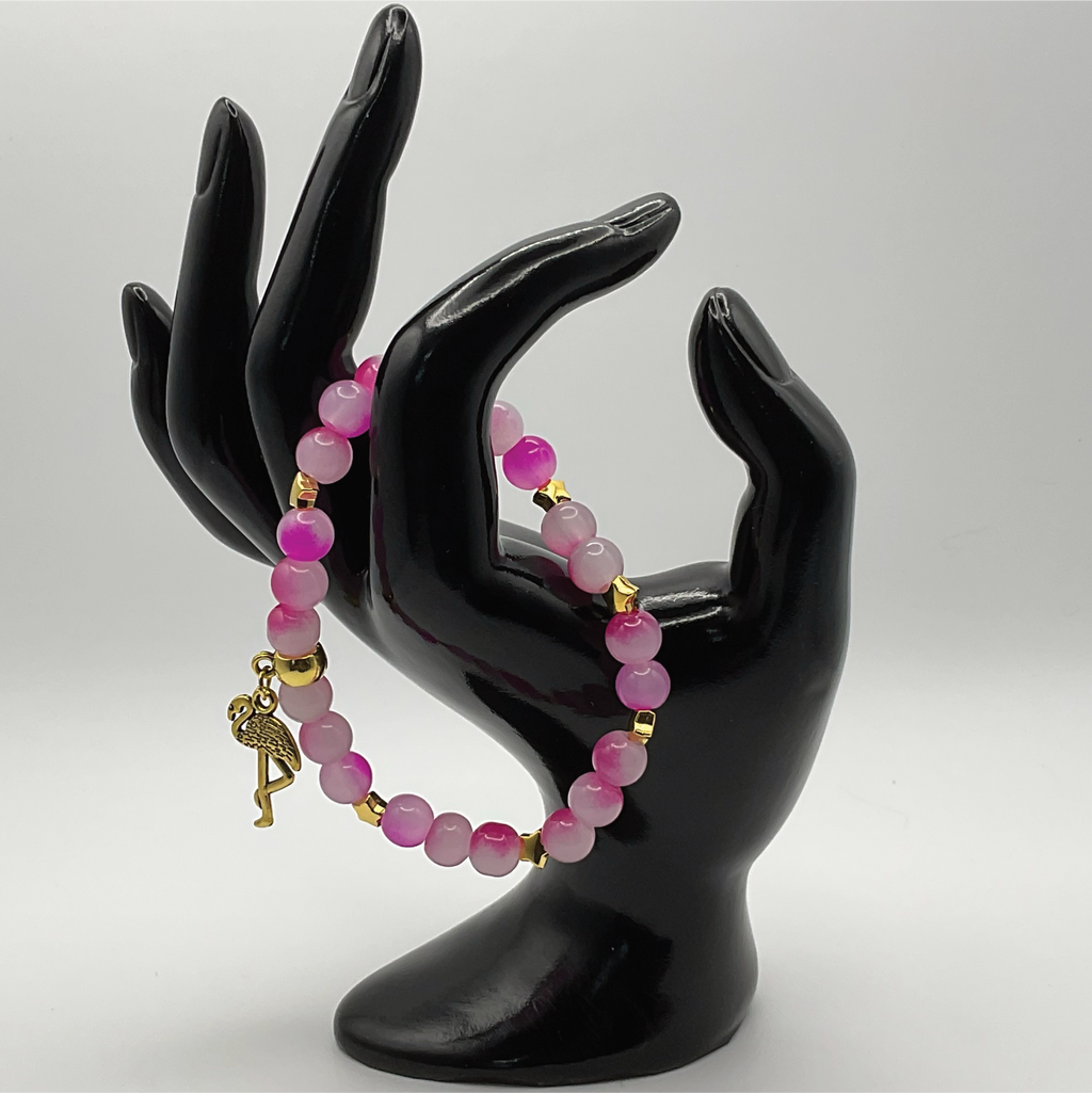 Pink Dragonvein Agate Flamingo Charm Bracelet with Gold Tone Spacers