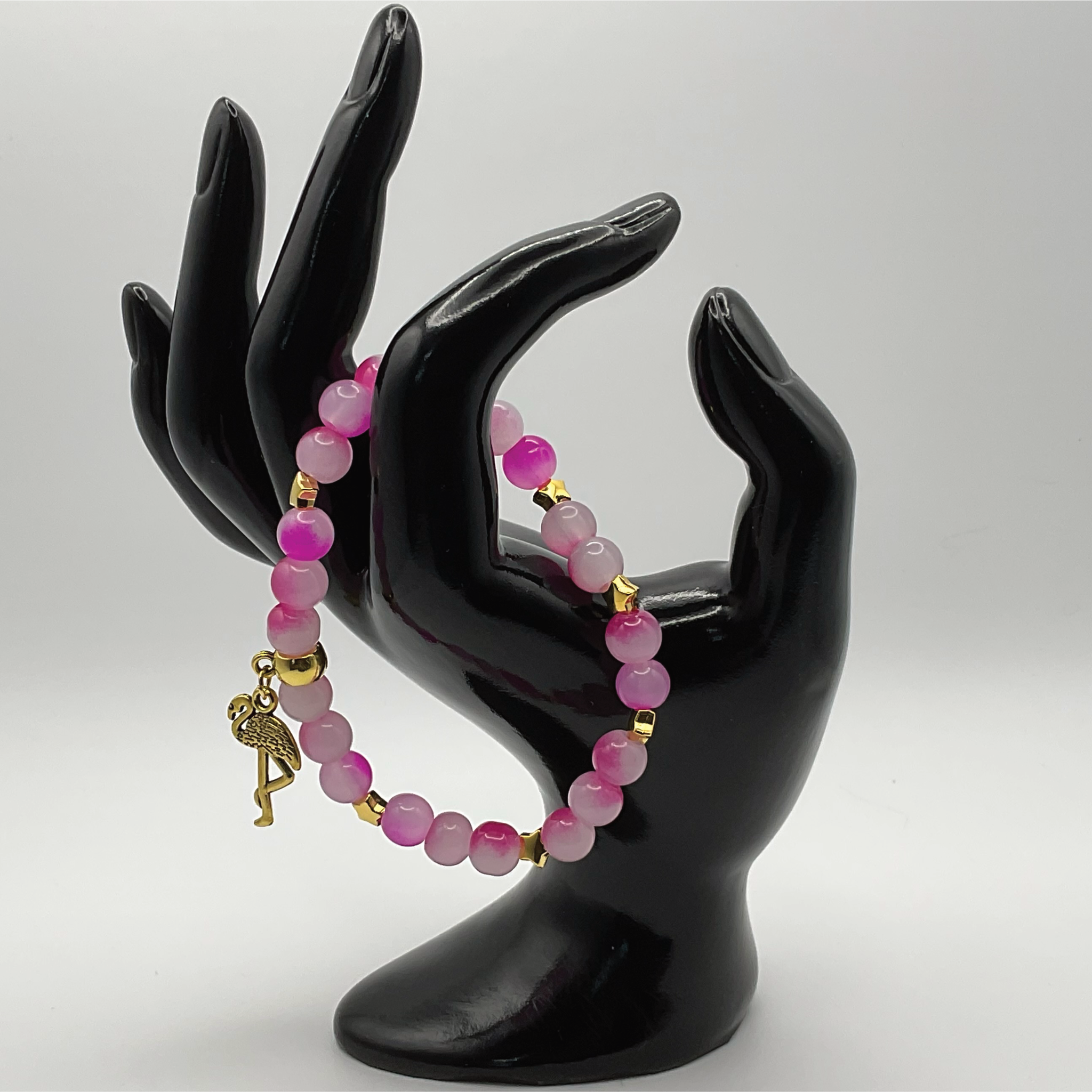 Pink Dragonvein Agate Flamingo Charm Bracelet with Gold Tone Spacers