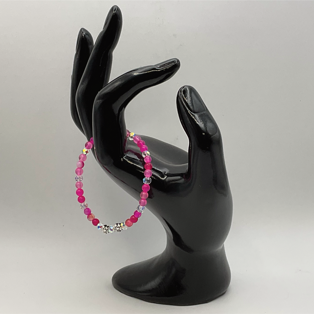 14.5 cm (5.7") Pink Dragon Vein Agate Silver Flowers Bracelet with Crystal Spacers