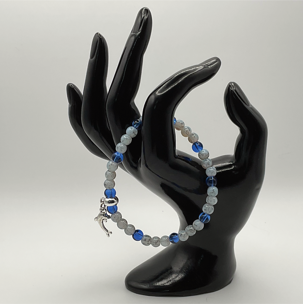 Blue Sea Glass Opalite Dolphin Charm Bracelet