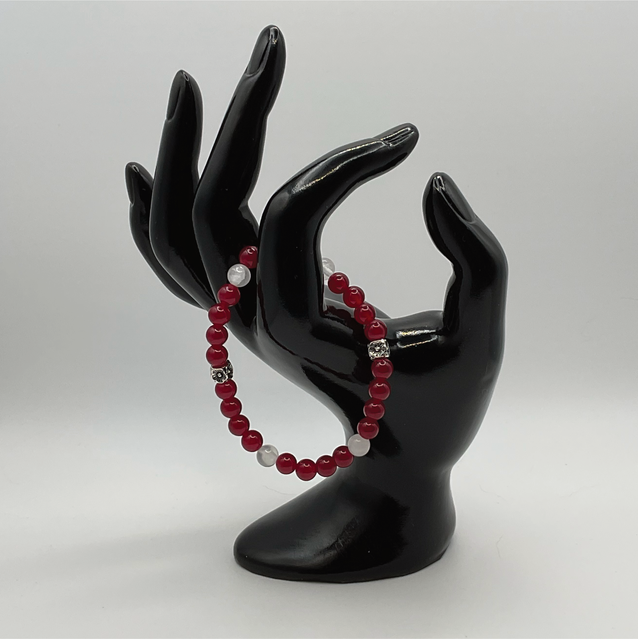 Almandine Garnet Milky Quartz Bracelet with Silver Tone Spacers