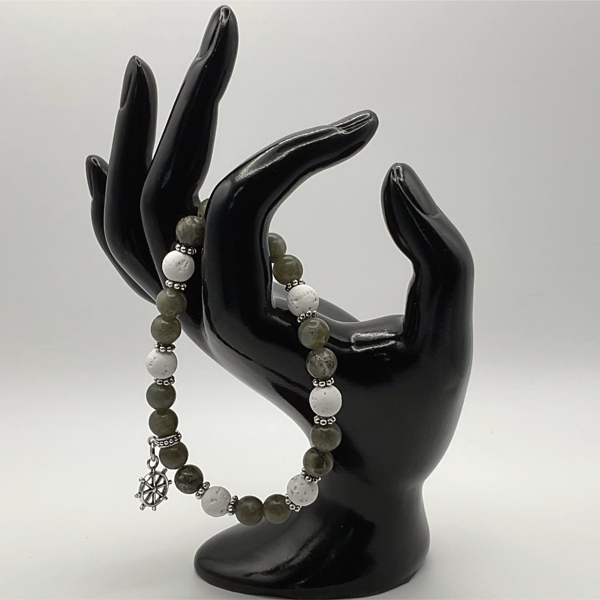 Nephrite Magnesite Nautical Charm Bracelet with Silver Tone Spacers