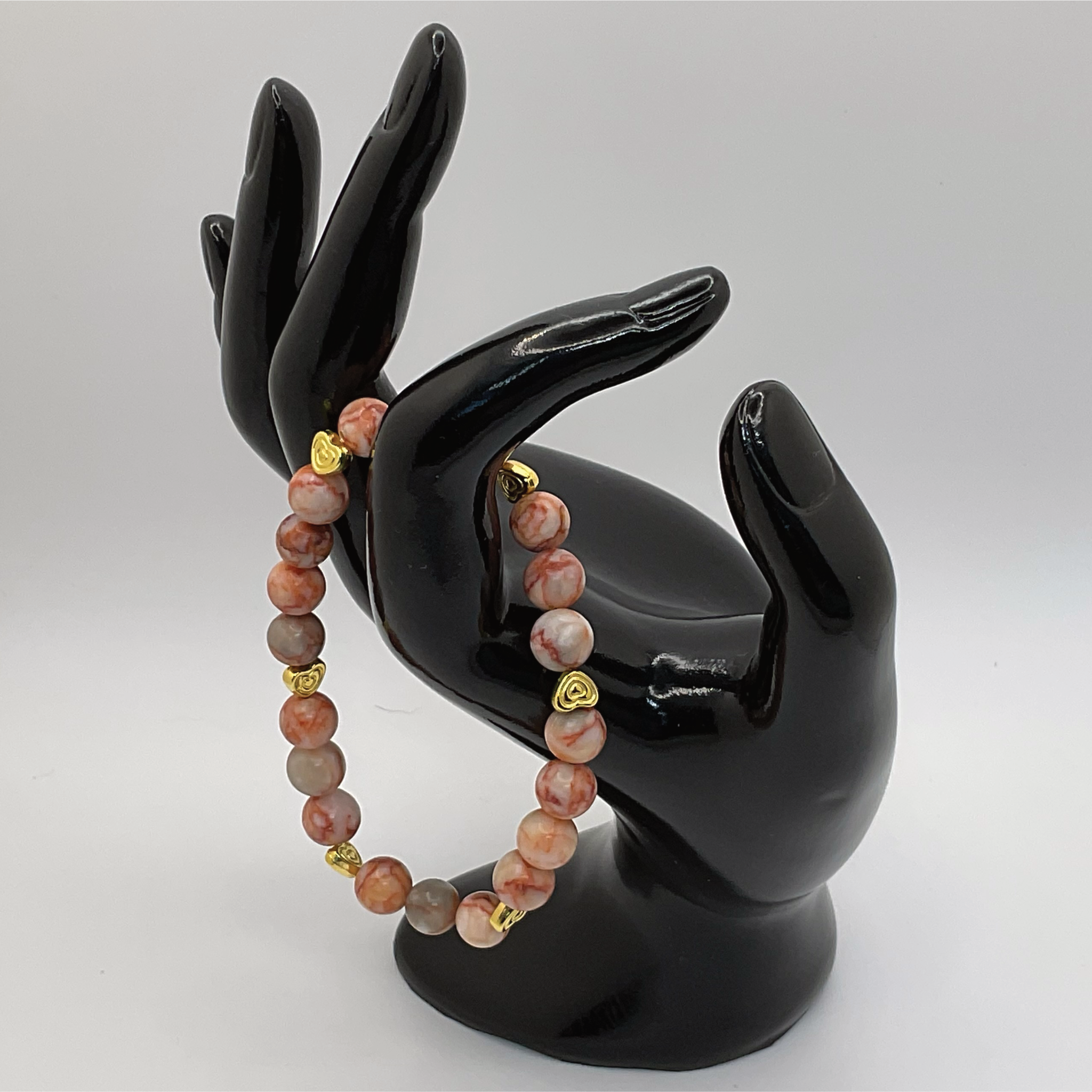 Marble Red Vein Jasper Bracelet with Gold Heart Spacers