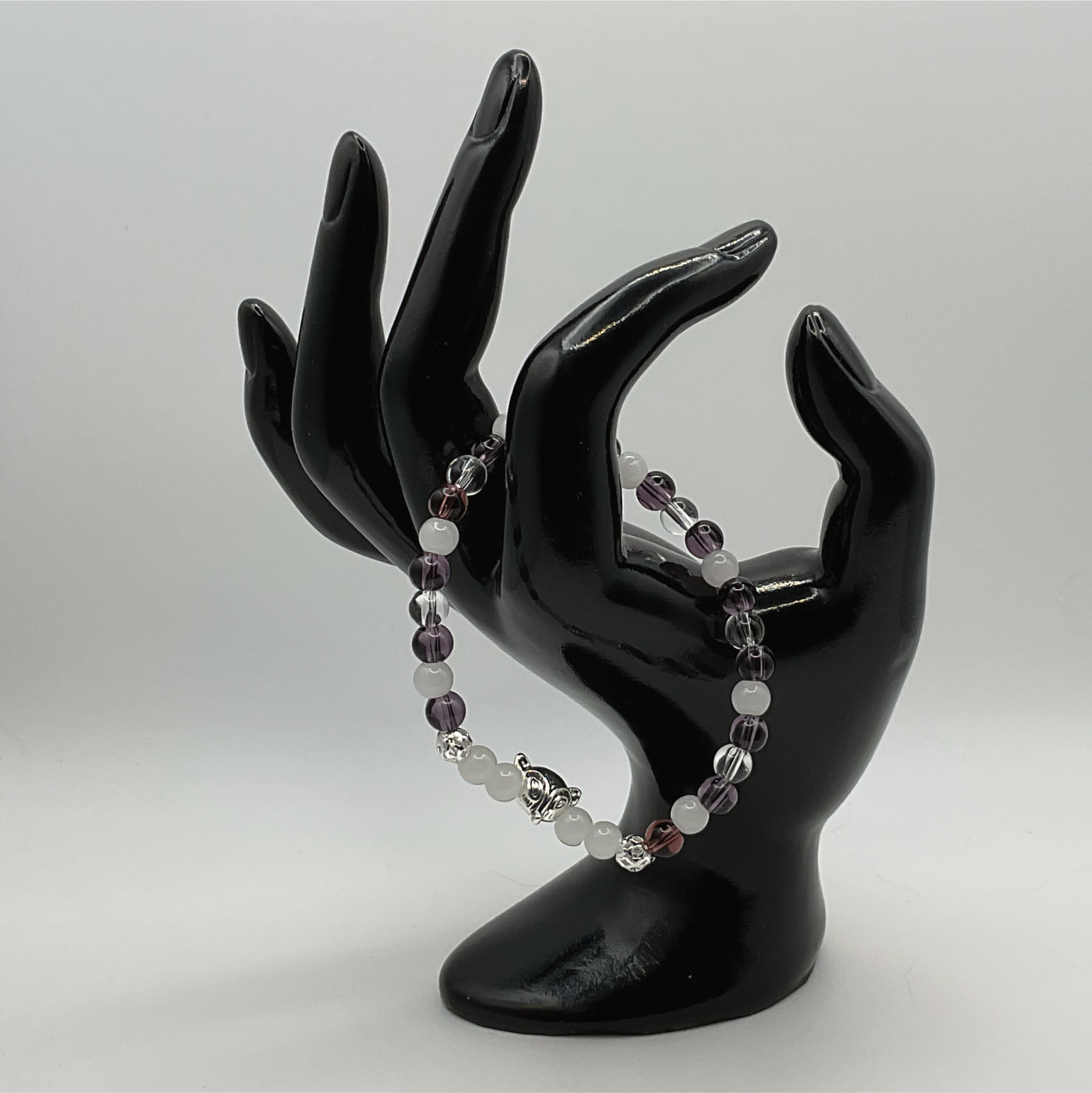 Clear and Milky Quartz Amethyst Fox Charm Bracelet with Silver Tone Spacers