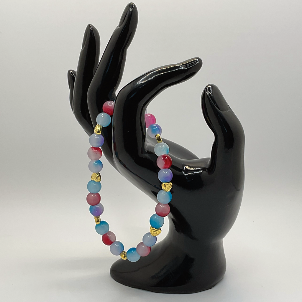 Pink Blue Dragon Vein Agate Bracelet with Gold Heart Spacers