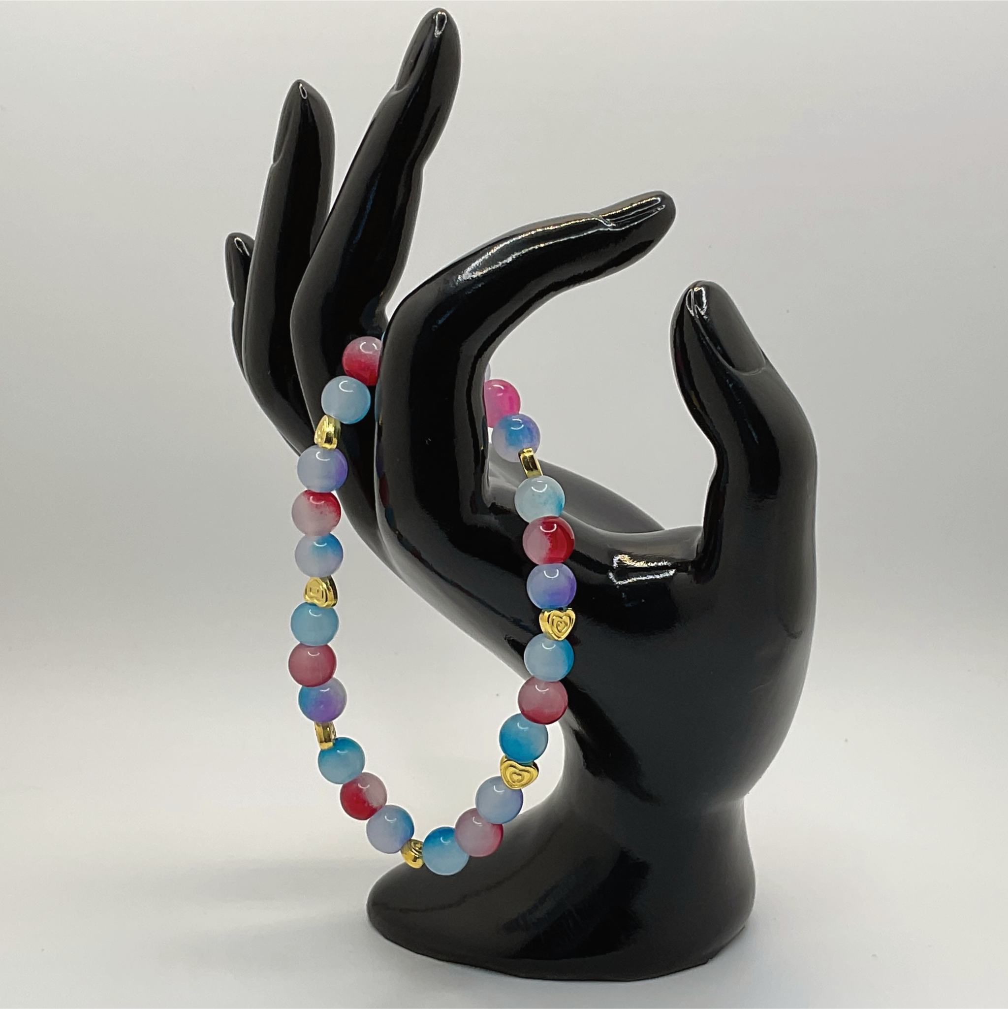 Pink Blue Dragon Vein Agate Bracelet with Gold Heart Spacers