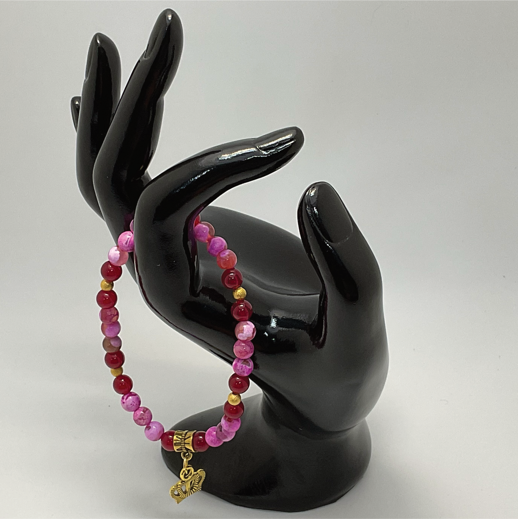 Pink Dragon Vein Agate Golden Crown Charm Bracelet with Gold Spacers