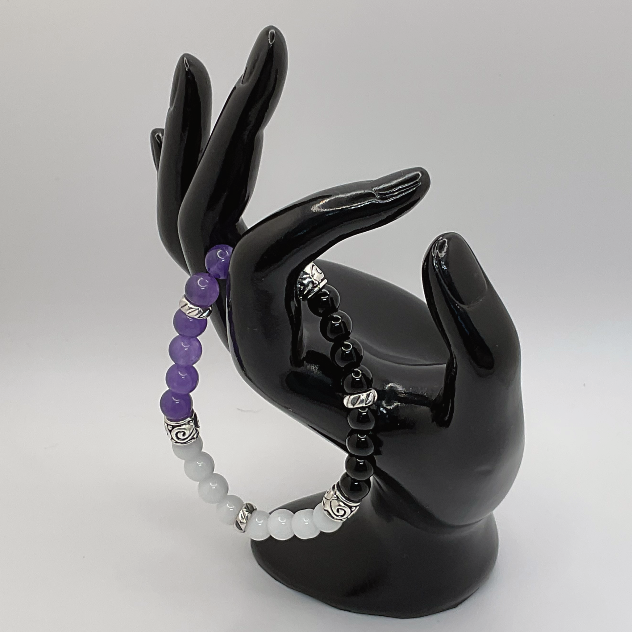 Black Agate Milky Quartz Amethyst Bracelet with Silver Spacers