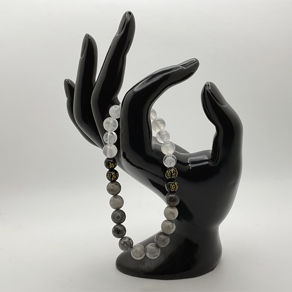 Pulsera Pixiu de Magnesita Gris, Cuarzo Nuboso y Ágata Negra