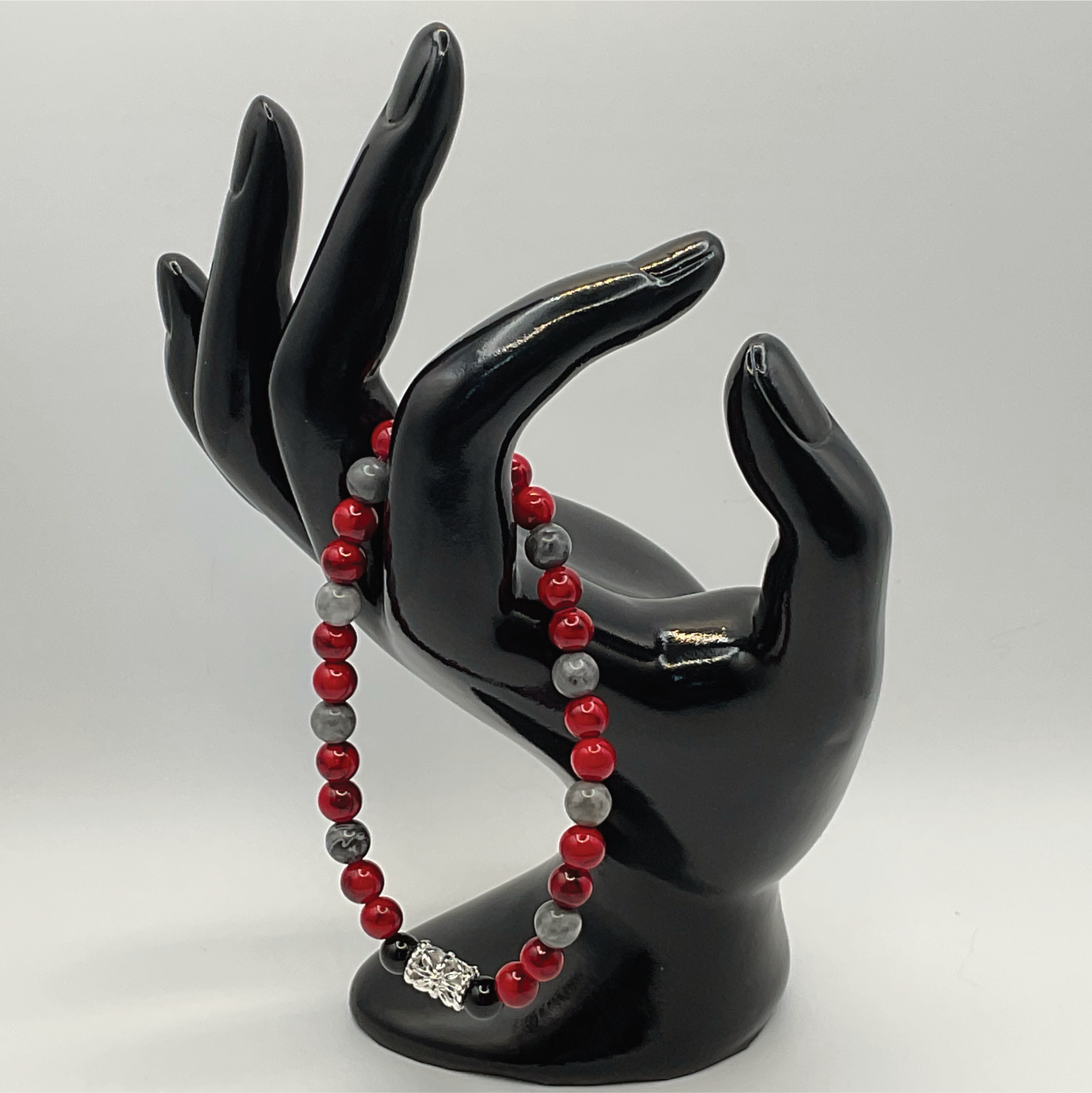 Red Howlite Angelite Black Agate Bracelet with Silver Tone Barrel Spacers