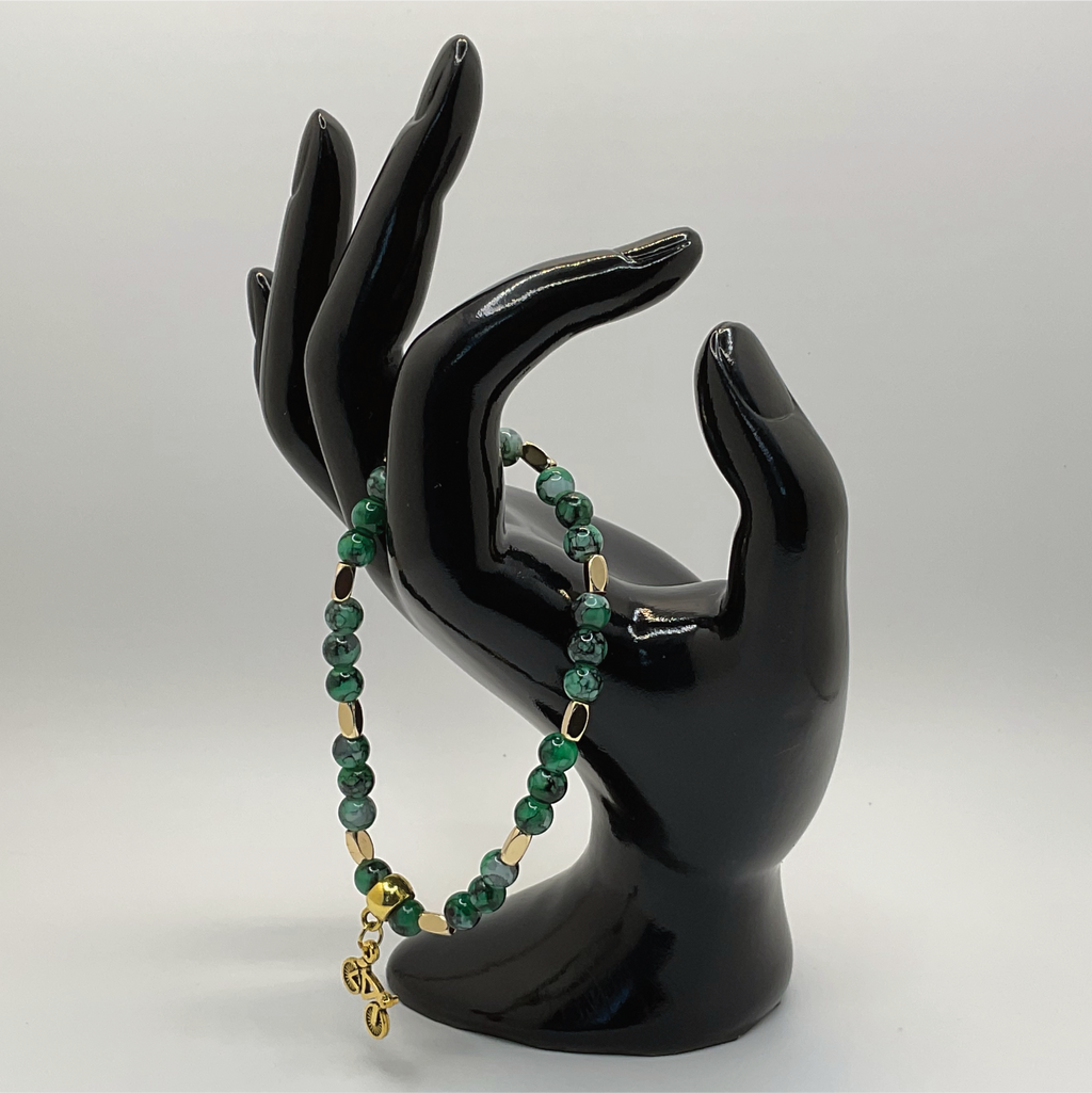 Malachite Bicycle Charm Bracelet with Gold Disc Spacers