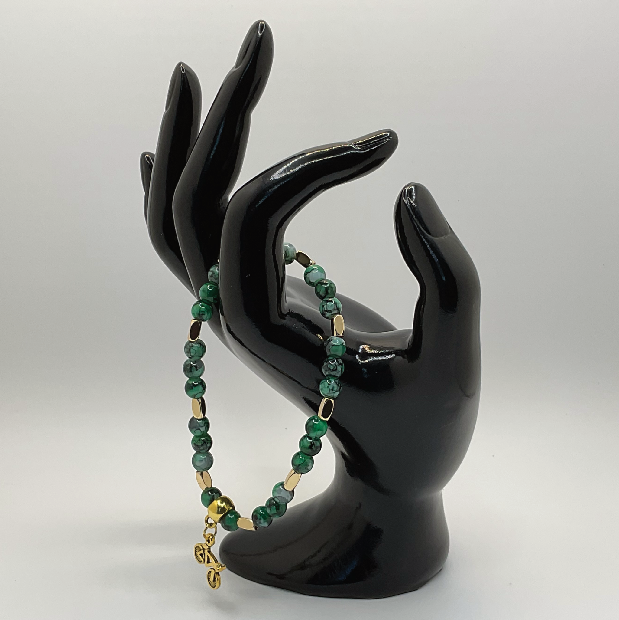 Malachite Bicycle Charm Bracelet with Gold Disc Spacers