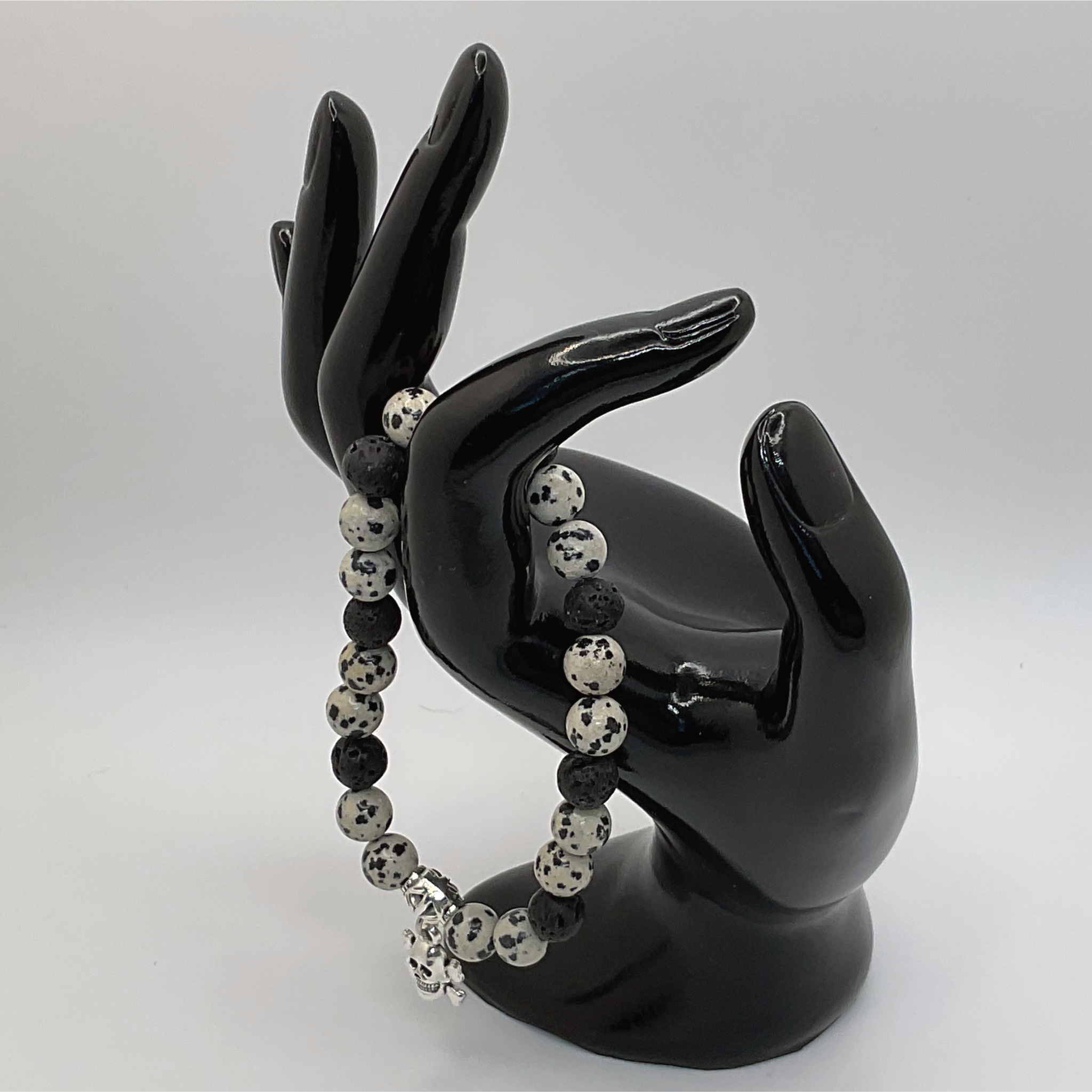 Dalmation Stone Lava Stone Skull Charm Bracelet