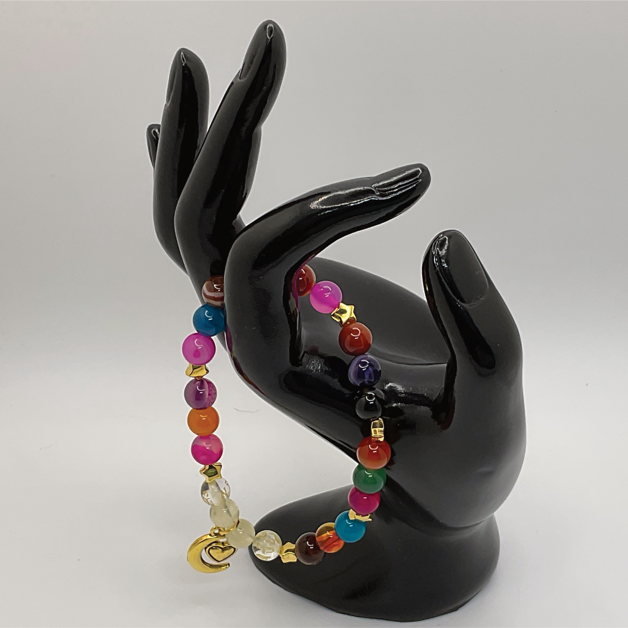 Multicolor Dragon Vein Agate Citrine Clear Pixiu Moon Heart Charm Bracelet with Gold Star Spacers