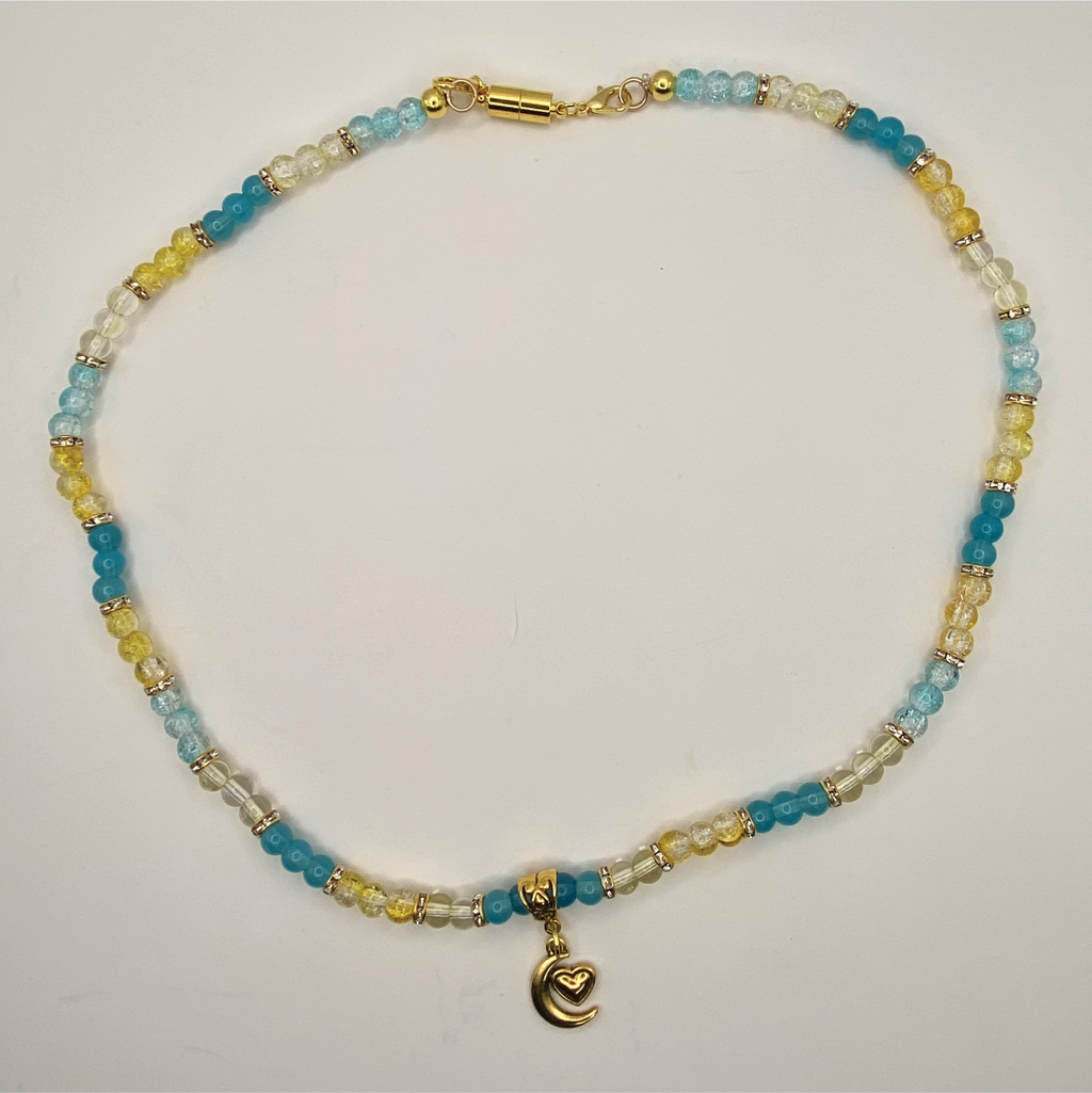 20" Crackle Blue Yellow Clear Glass Necklace with Gold Moon Heart Charm