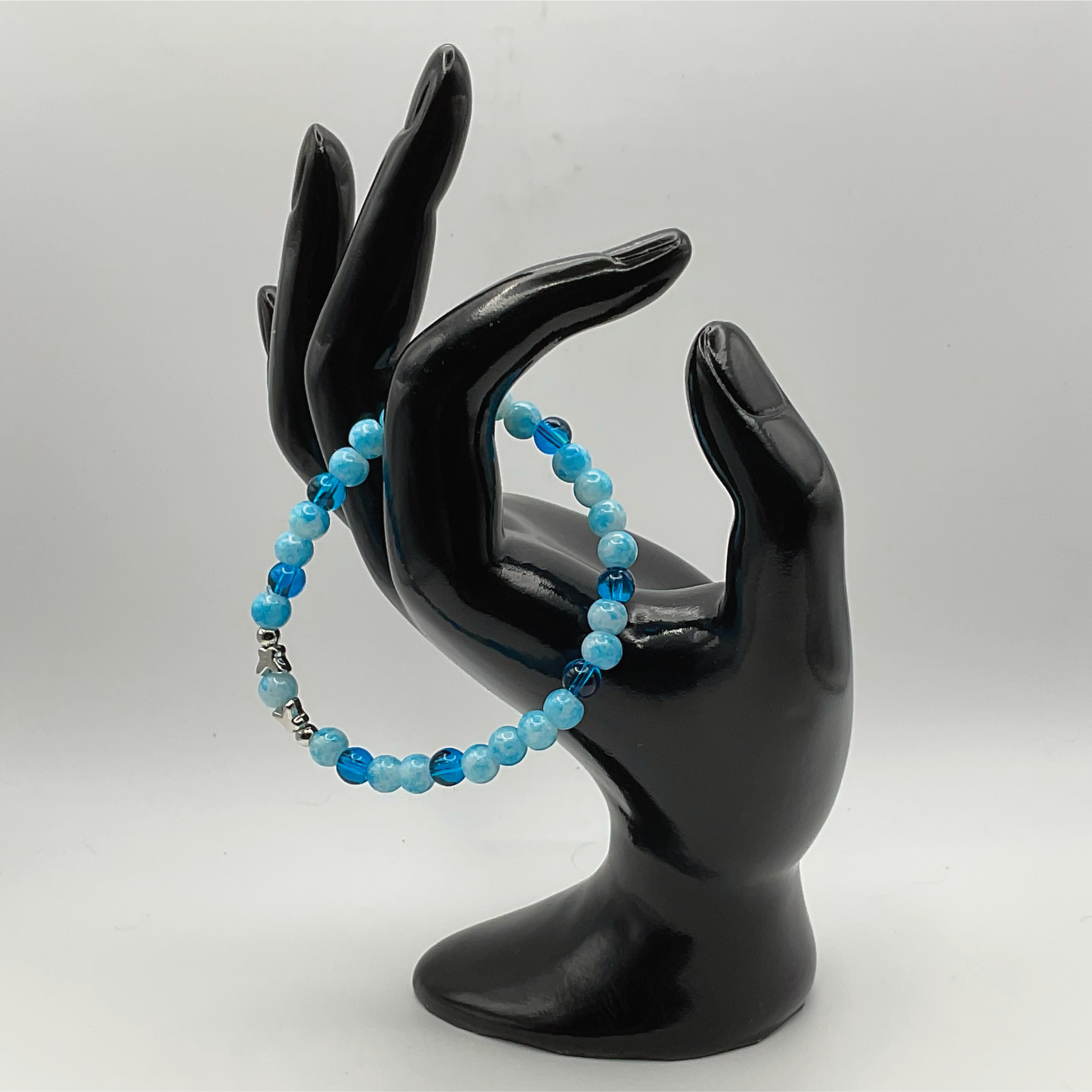 Dark and Light Blue Glass Silver Butterfly Bracelet