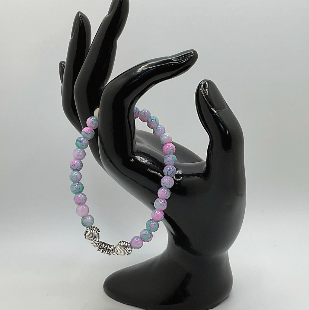 Pink Blue Tealdragon Vein Agate Bracelet with Silver Shell Spacers