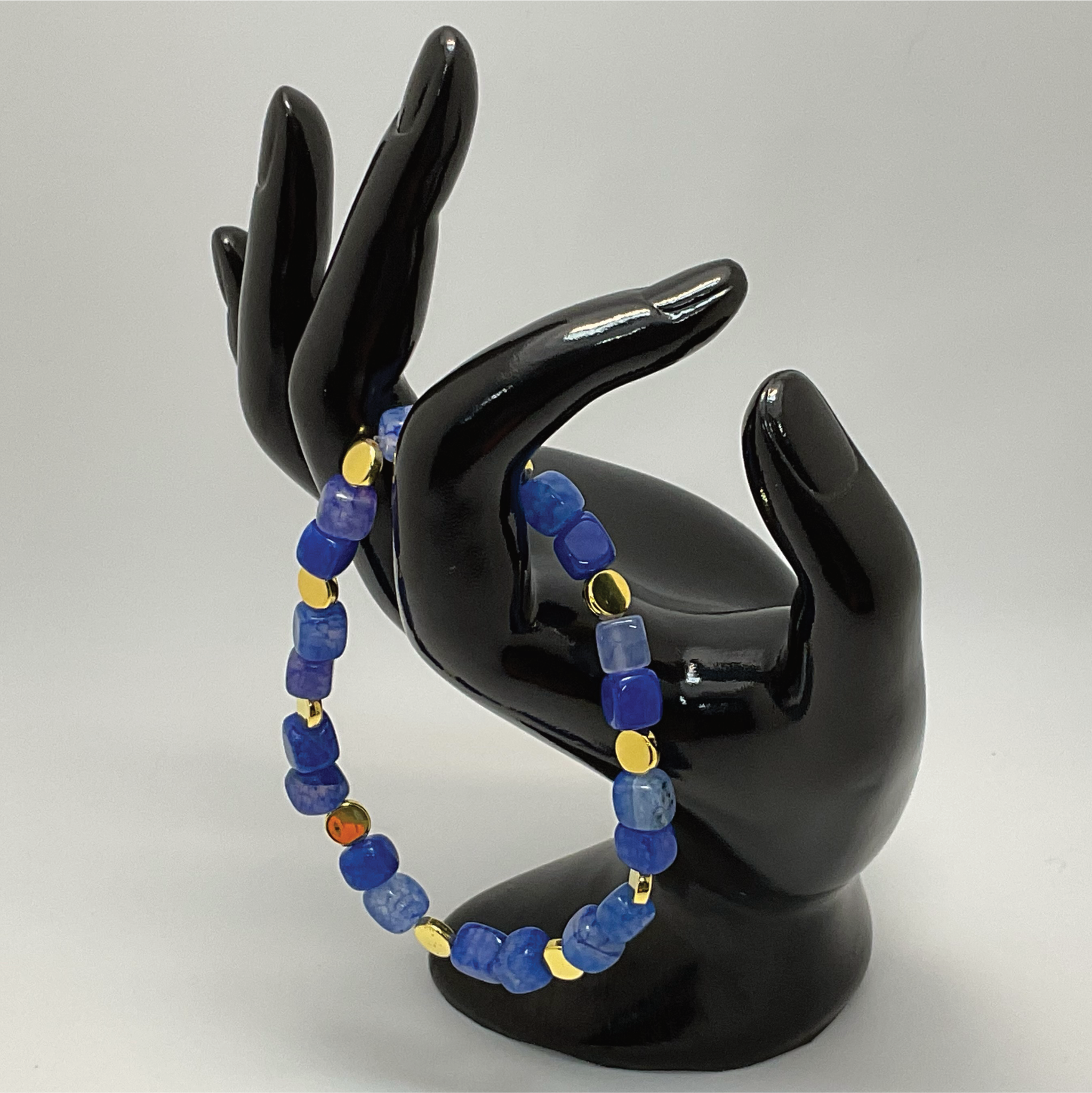 Pulsera de ágata Dragón Cuadrado Azul con separadores de disco dorados