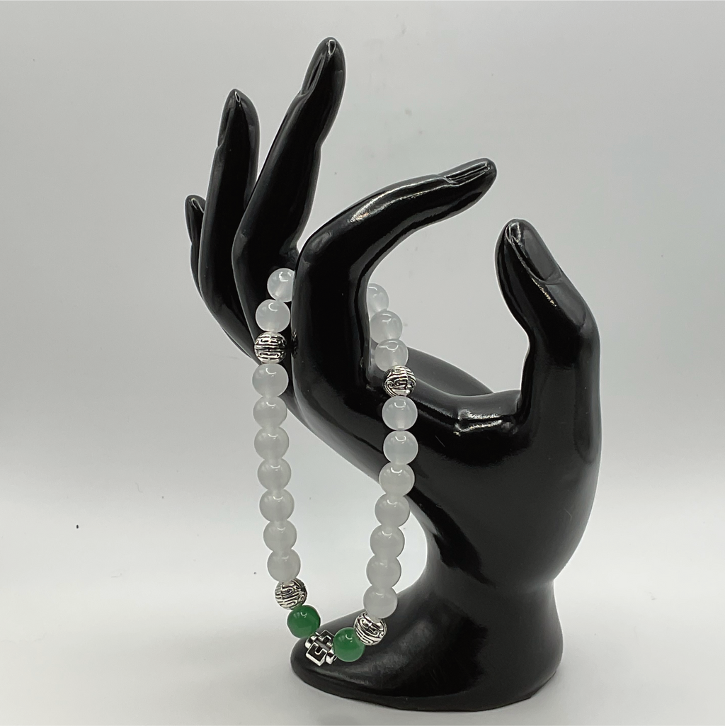 White Green Silver Charm Glass Bracelet with Silver Spacers