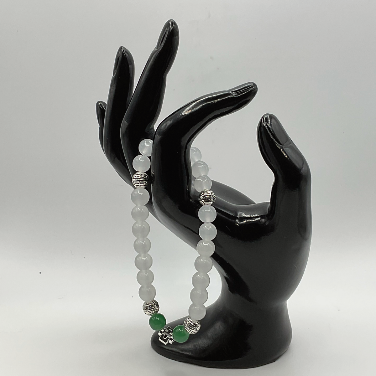 White Green Silver Charm Glass Bracelet with Silver Spacers