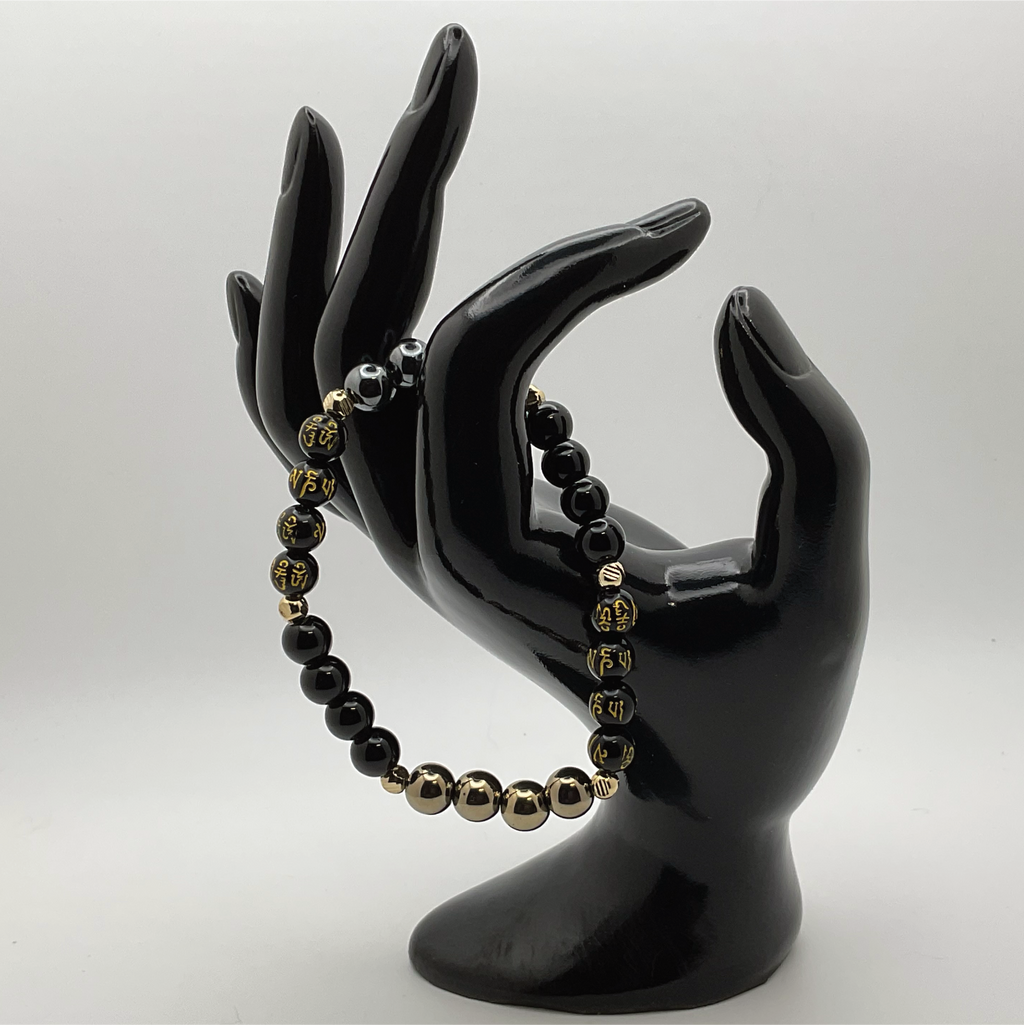Pulsera Pixiu de Ágata Negra, Hematita Dorada y Plateada, y Citrino con Separadores Dorados