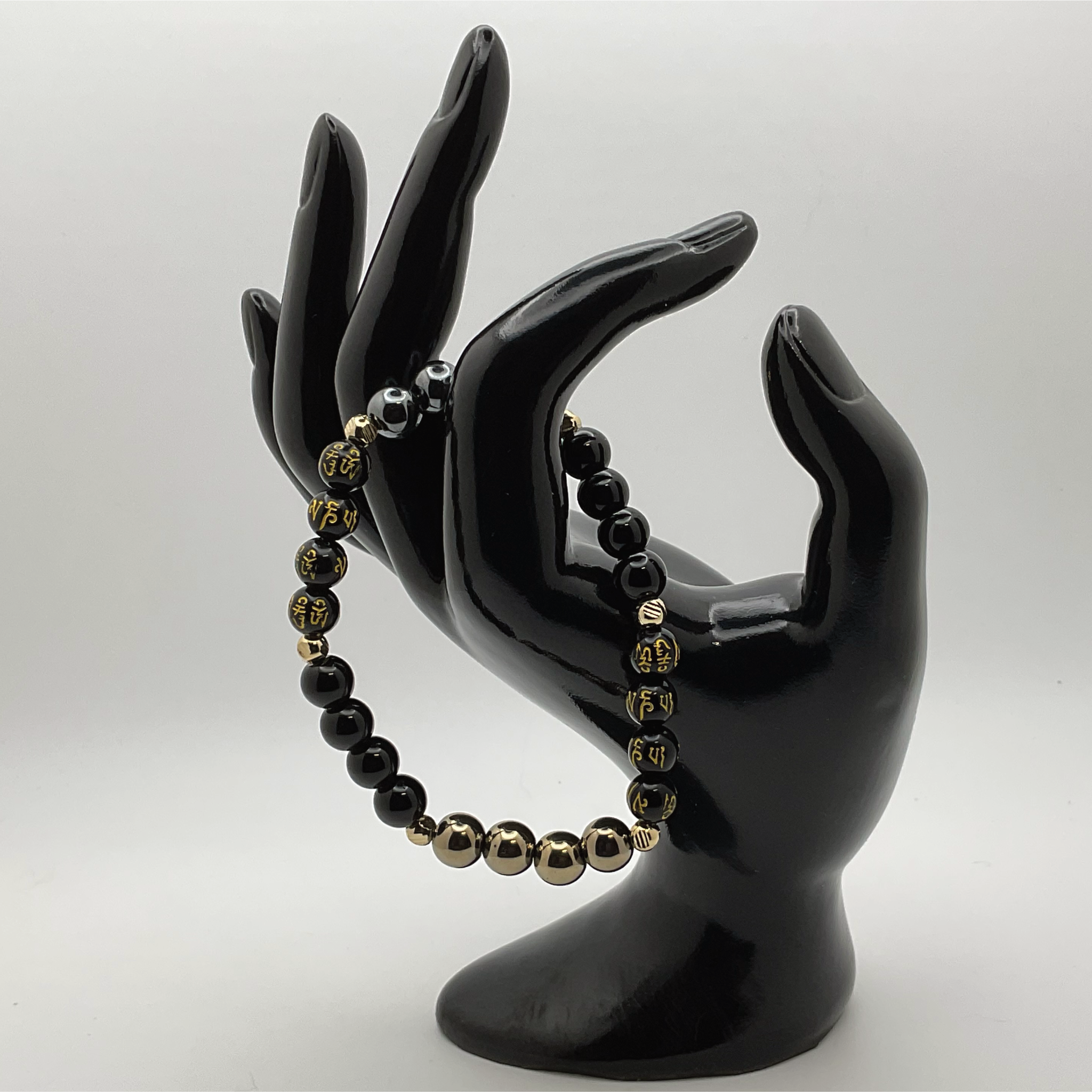Pulsera Pixiu de Ágata Negra, Hematita Dorada y Plateada, y Citrino con Separadores Dorados