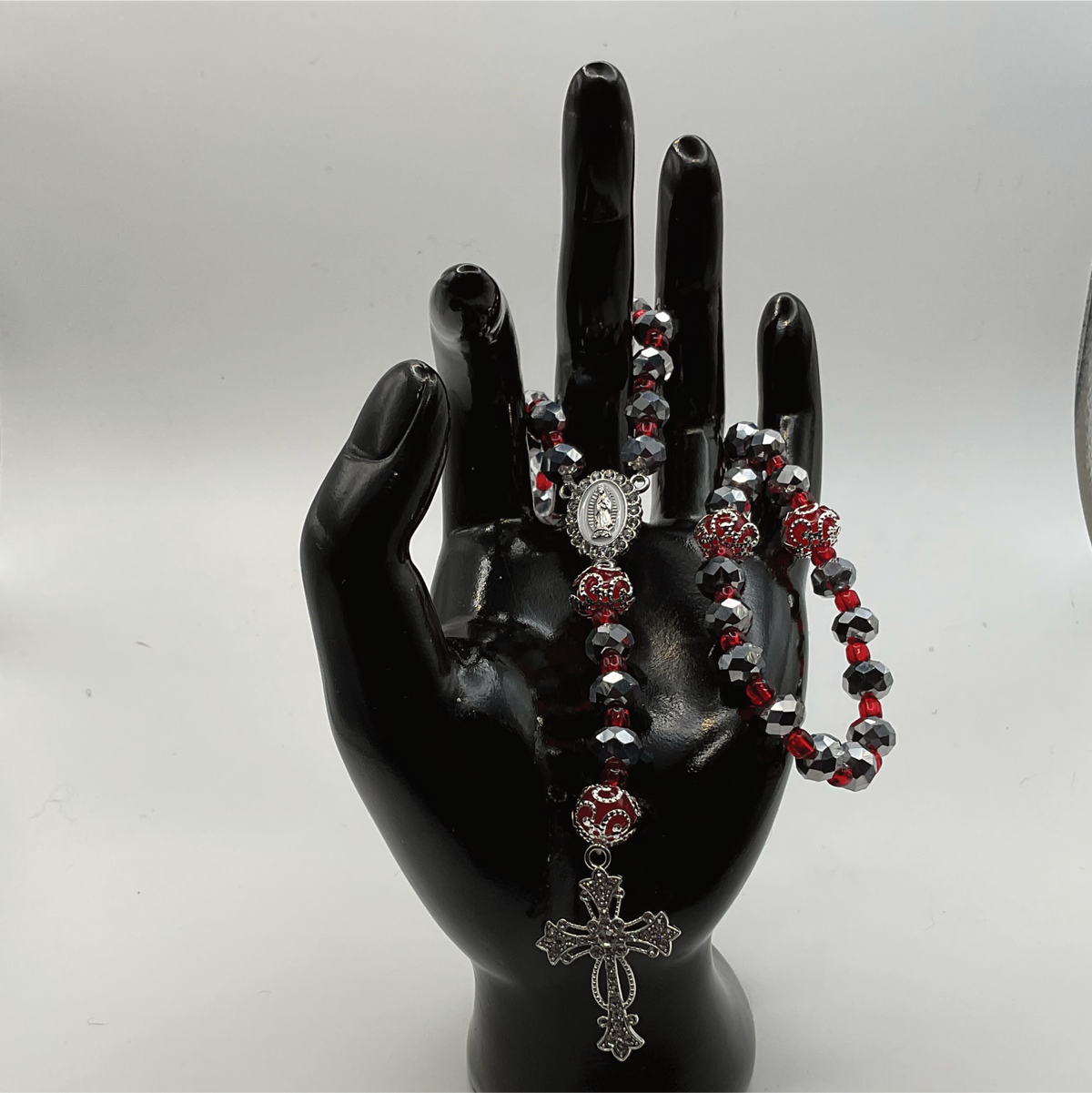 Grey Faceted Red Spacers Full 5 Decade Silver Rosary