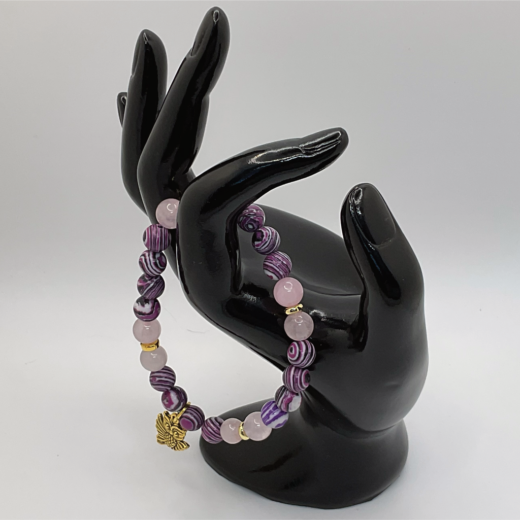 Purple Dragon Vein Rose Quartz Owl Charm Bracelet with Gold Spacers