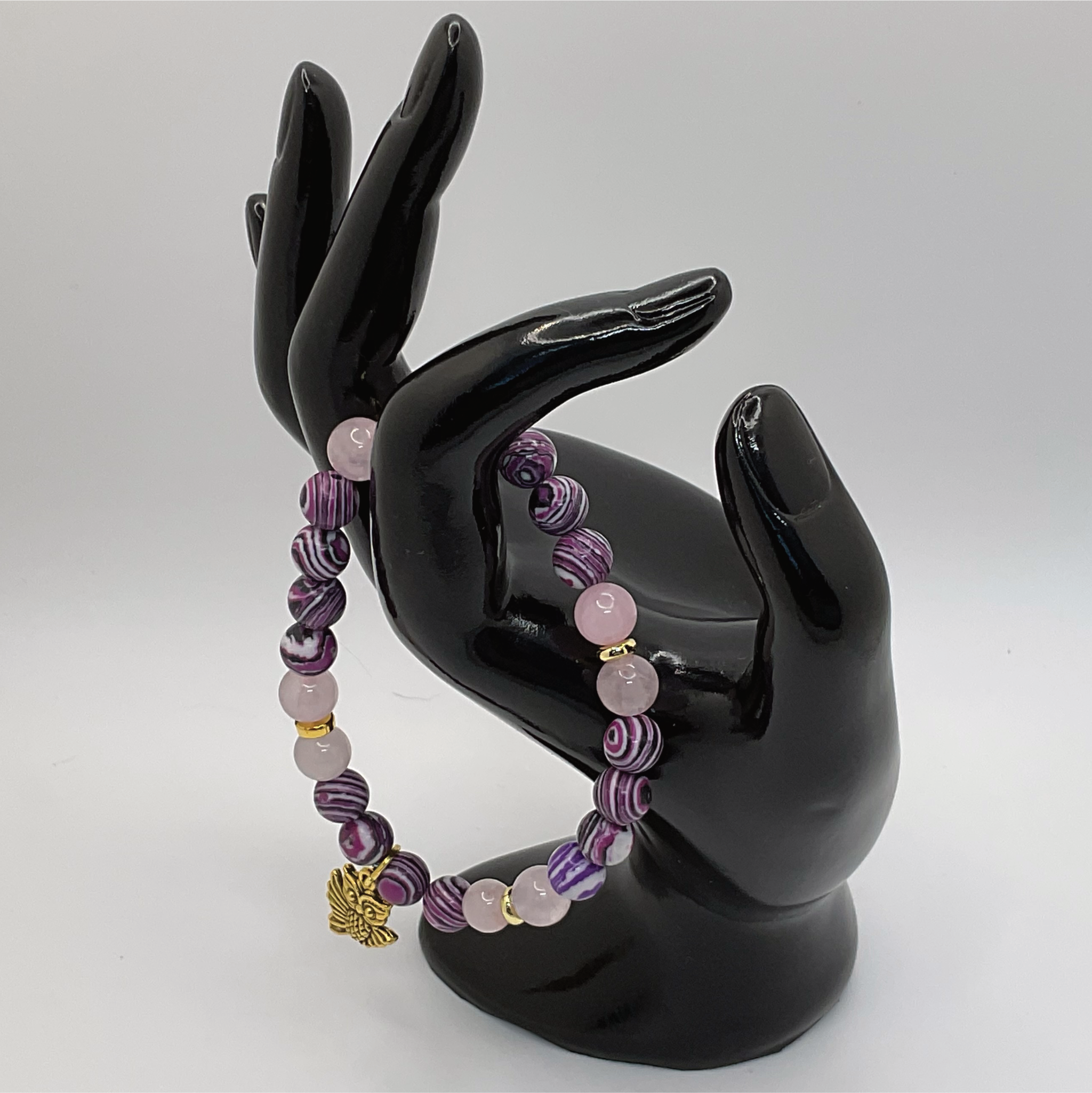 Purple Dragon Vein Rose Quartz Owl Charm Bracelet with Gold Spacers