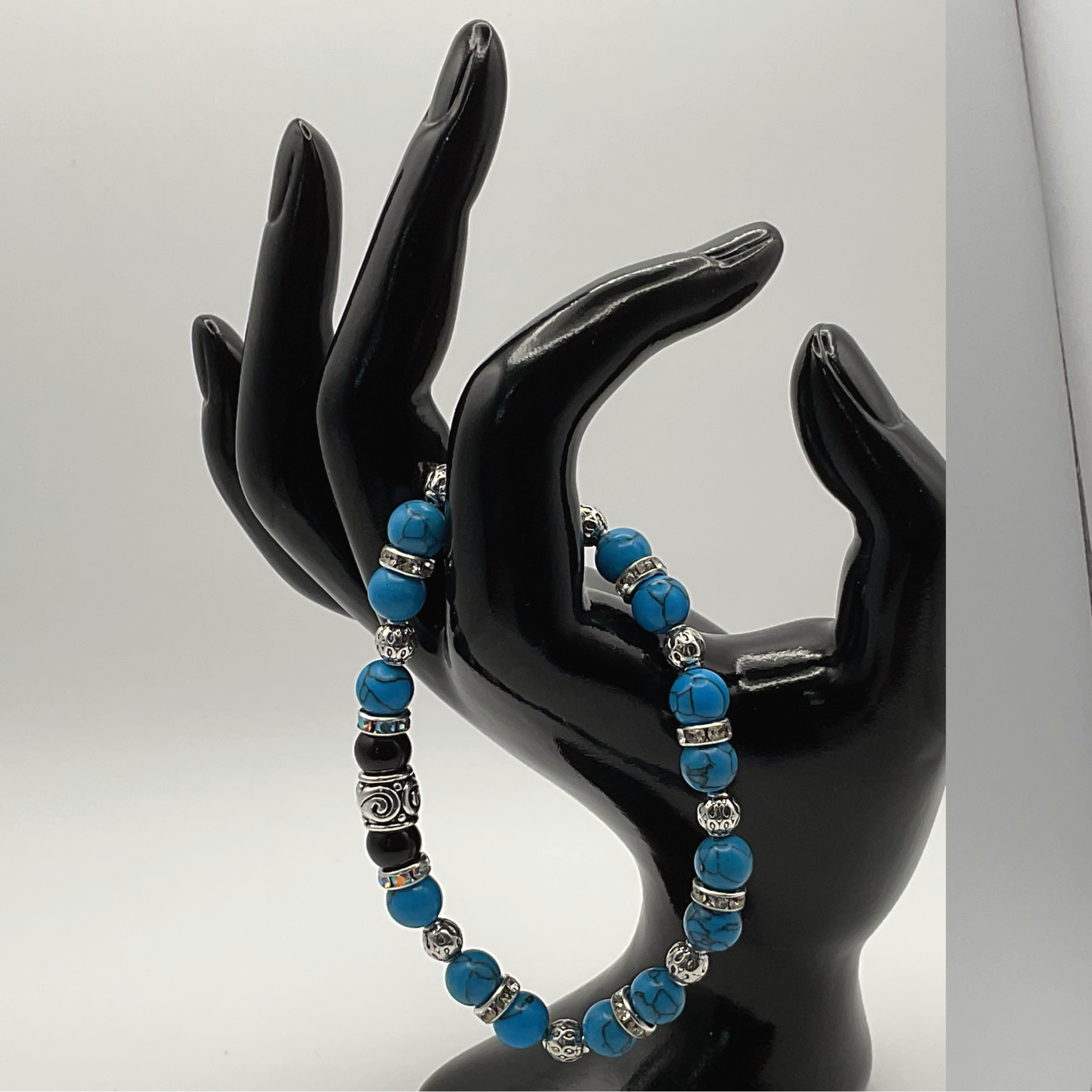 Blue Howlite Black Agate with Silver Tone Spacers
