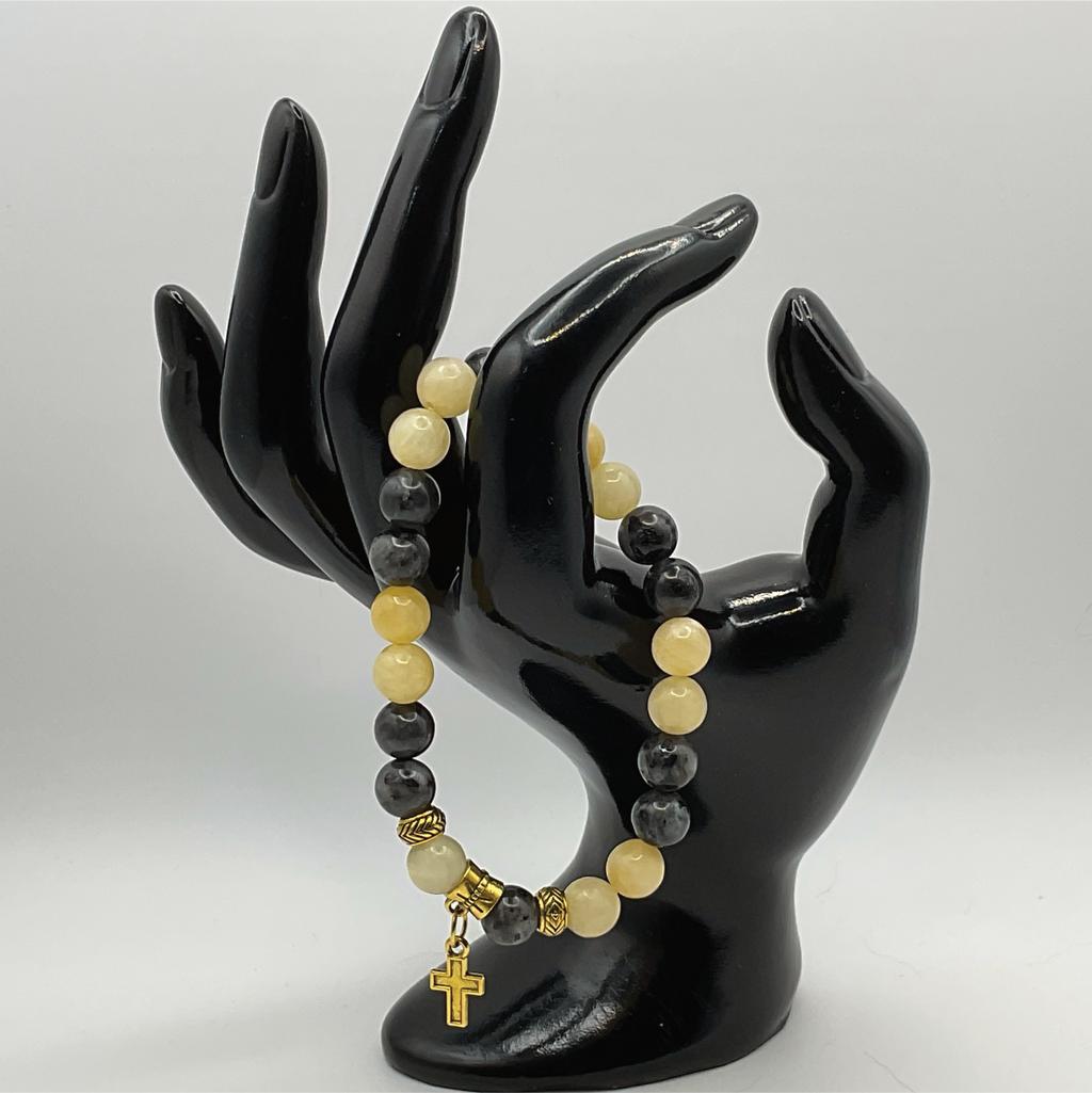 Serpentine Sodalite Cross Charm Bracelet with Gold Tone Spacers