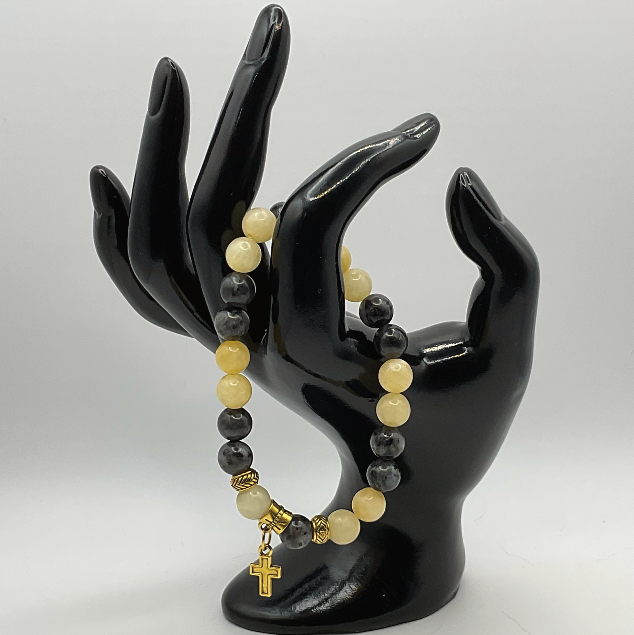 Serpentine Sodalite Cross Charm Bracelet with Gold Tone Spacers