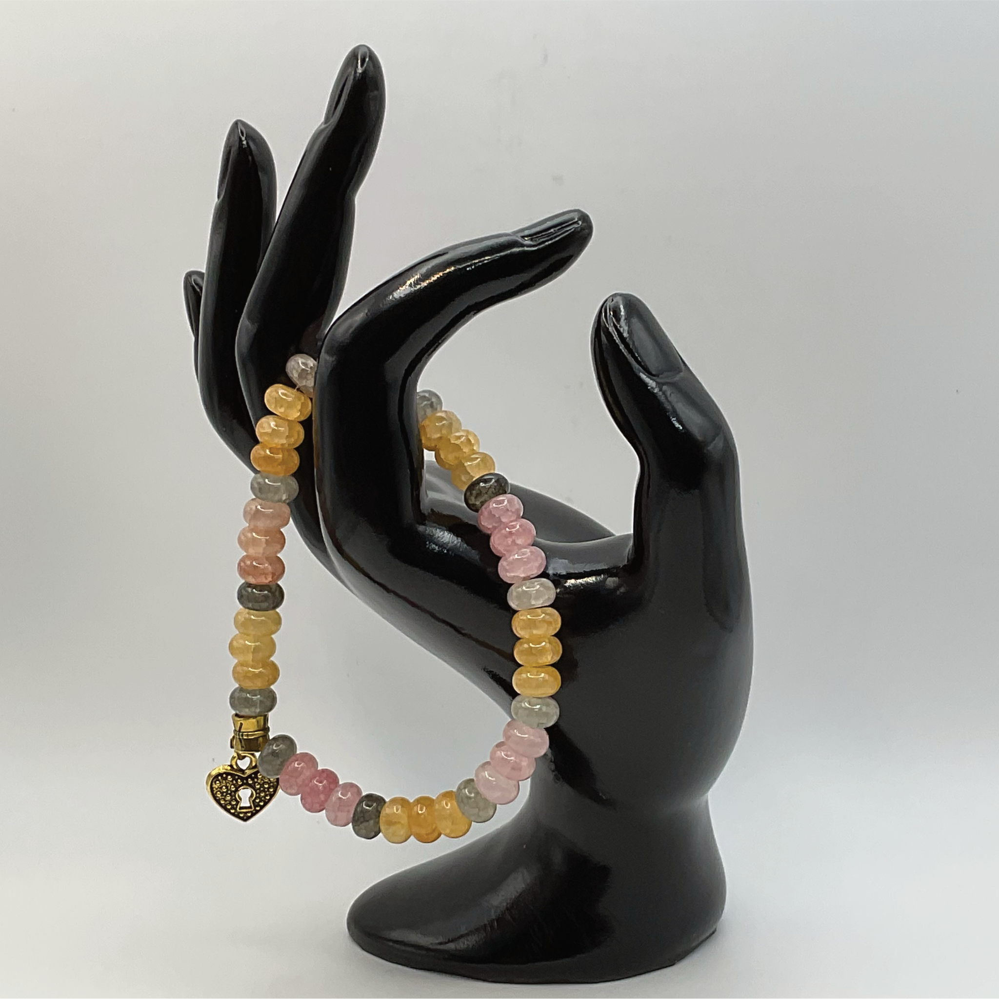 Citrine Labradorite Rose Quartz Lock Heart Charm Bracelet