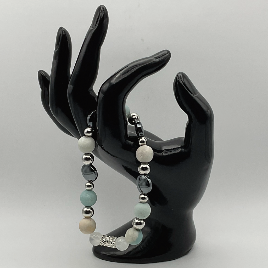 Pulsera de Disco de Ónix y Amazonita con Separadores de Plata