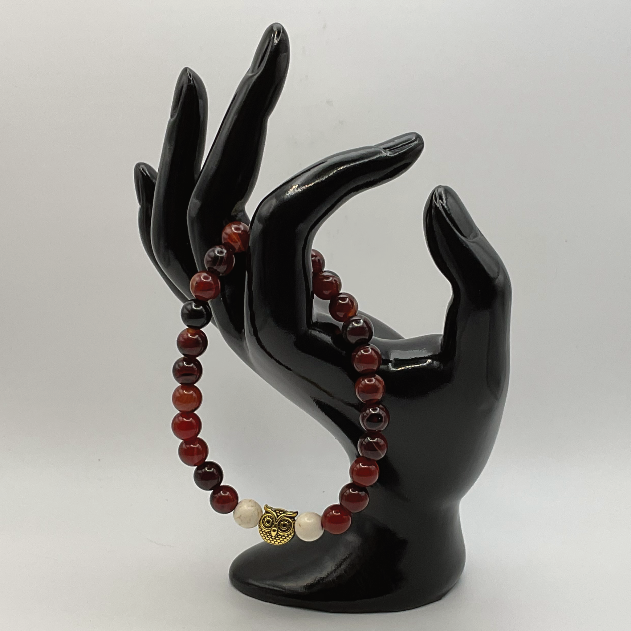 Carnelian Agate Magnesite Owl Charm Bracelet
