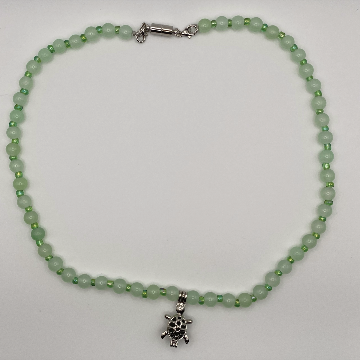 22" Green Turtle Charm Glass Necklace with Silver Spacers