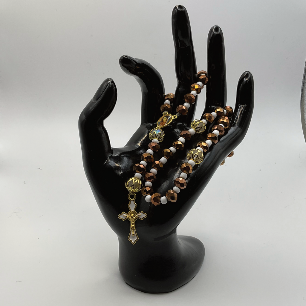 Brown Faceted White Spacer Full 5 Decade Gold Rosary