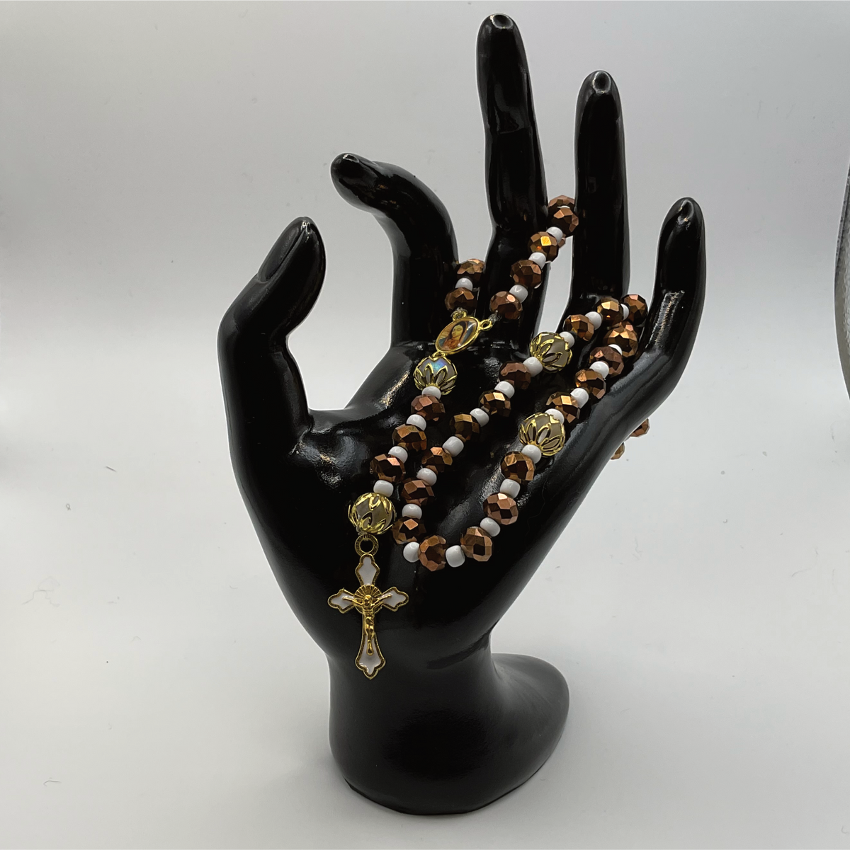 Brown Faceted White Spacer Full 5 Decade Gold Rosary