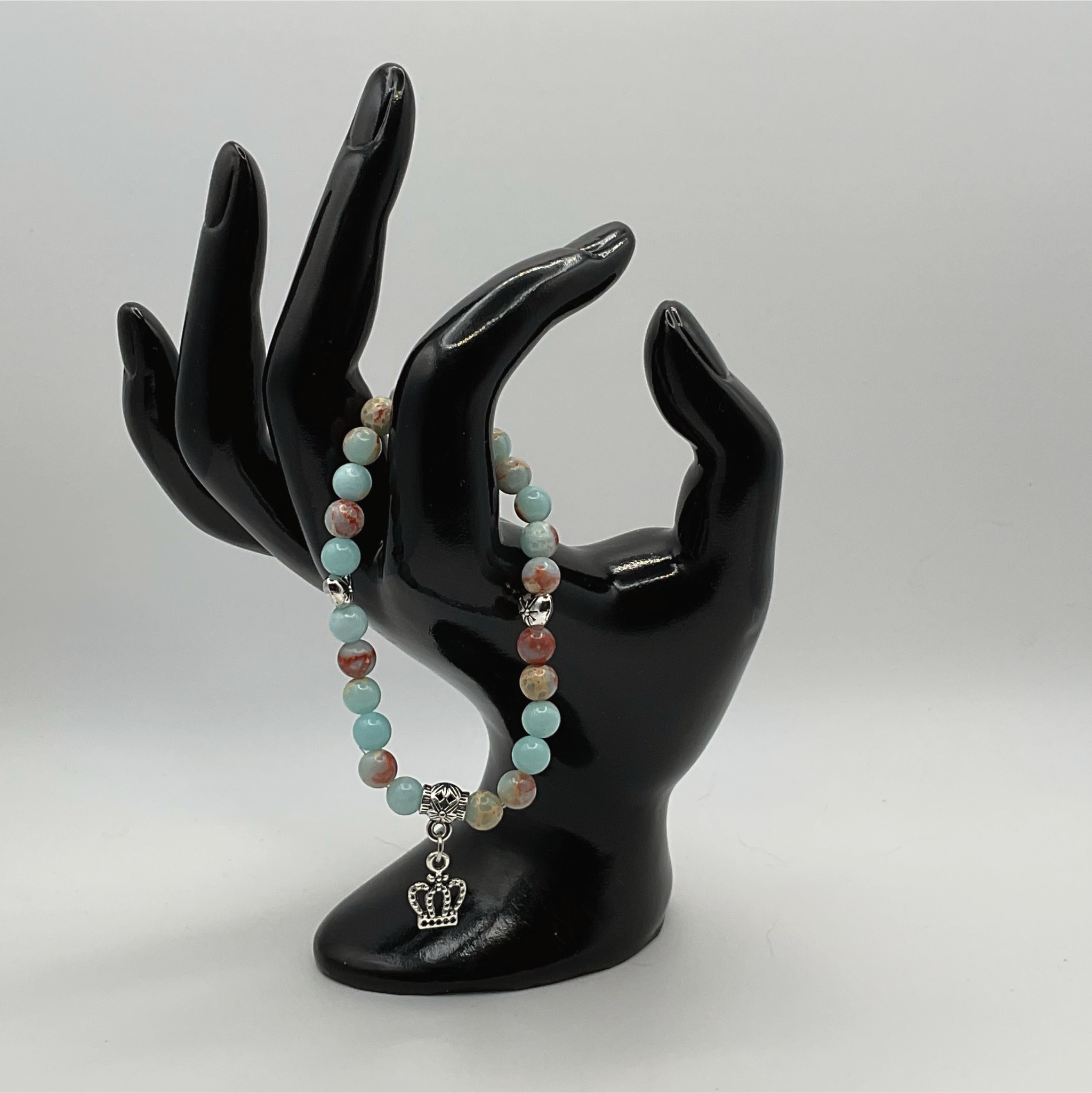 Opalite Crown Charm Bracelet with Silver Tone Heart Spacers